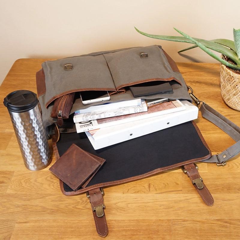 Leconi Kuriertasche Umhängetasche DIN A4 Leder Canvas grau LE3032 Großer Ausverkauf