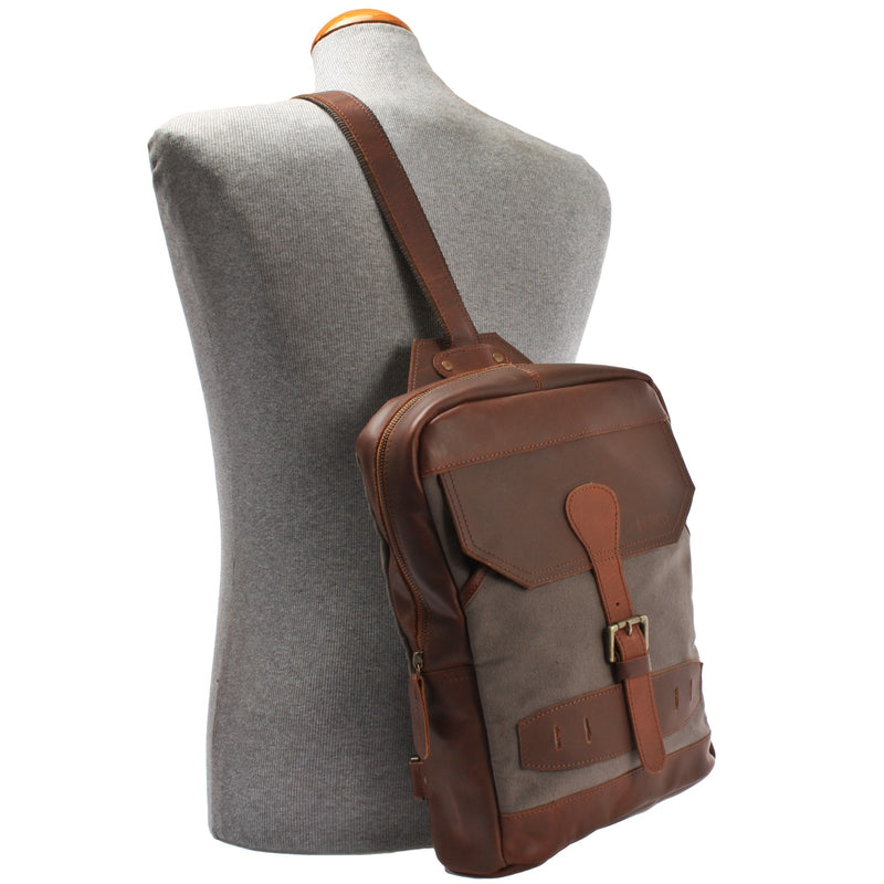 Leconi Freizeitrucksack Crossbag Rucksack Damen Herren Leder Canvas grau LE1012 Saisonschlussverkauf