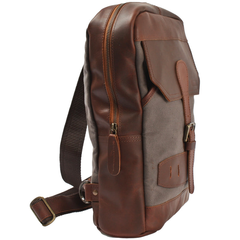 Leconi Freizeitrucksack Crossbag Rucksack Damen Herren Leder Canvas grau LE1012 Saisonschlussverkauf
