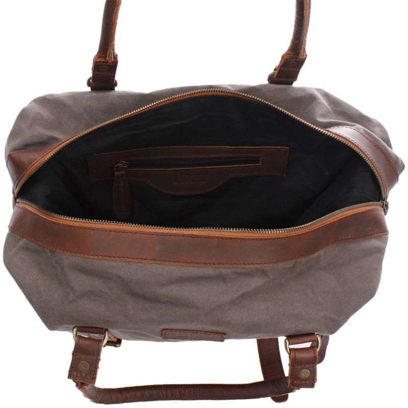Leconi kleiner Weekender Shopper Damen Herren Leder Canvas grau LE2006 Osterangebot
