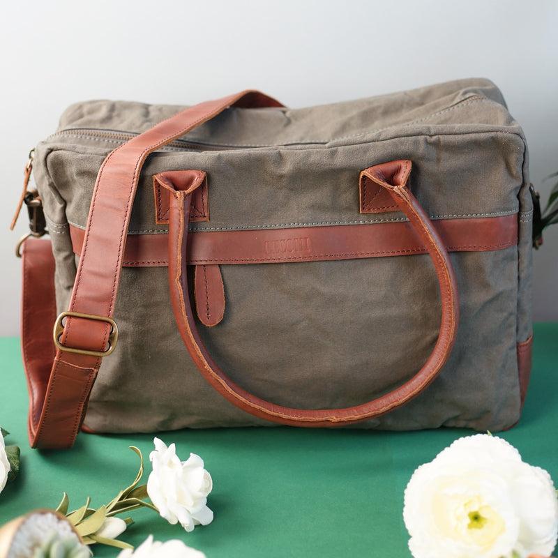 Leconi Handgepäck Arbeitstasche Damen Herren Leder Canvas grau LE2007 Muttertagsangebot