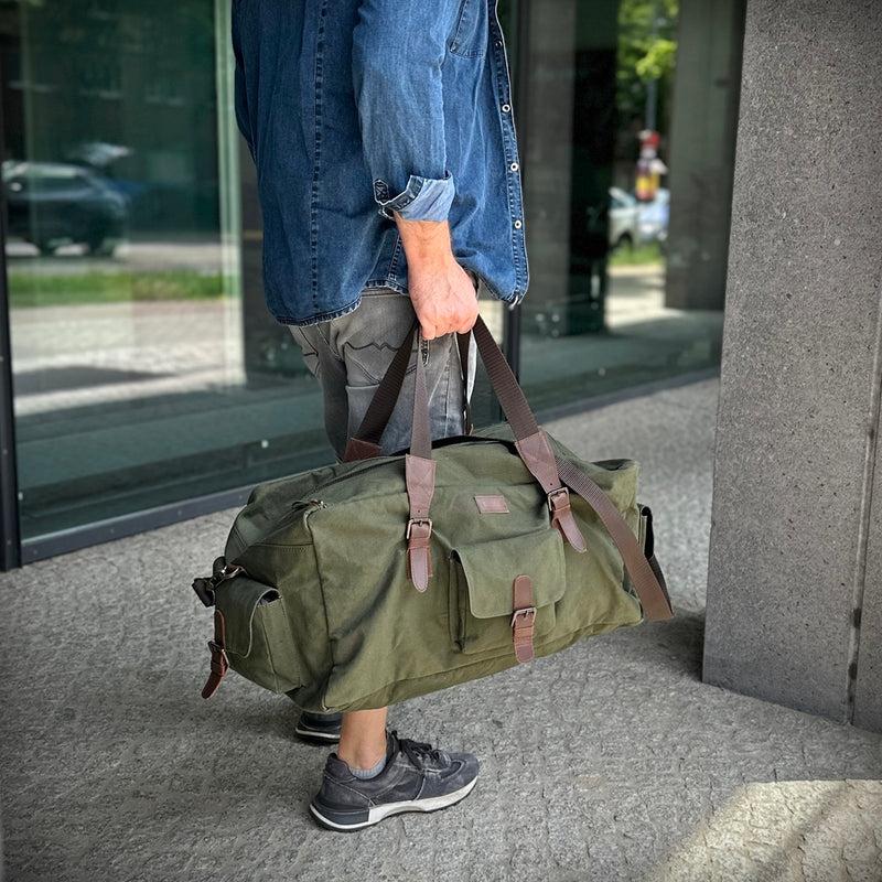 Leconi großer Weekender Reisetasche Sporttasche Damen Herren Leder Canvas grün LE2019 Vatertagsangebot