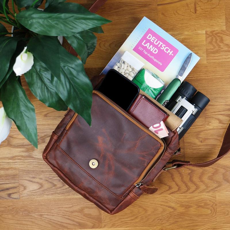 Leconi kleine Umhängetasche Ledertasche Freizeittasche Leder braun LE3042 Lagerräumung