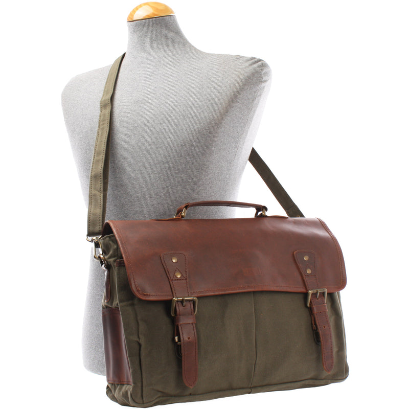 Leconi Messenger Bag Din A4 Kuriertasche Leder Canvas grün LE3018 Top Angebot