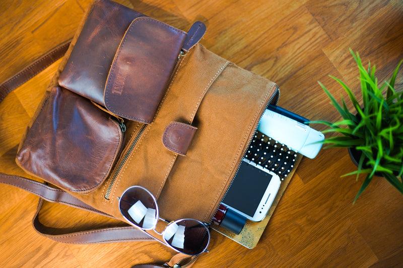 Leconi Umhängetasche Schultertasche Damen Herren Used Look Leder Canvas cognac LE3011 Neueste Mode