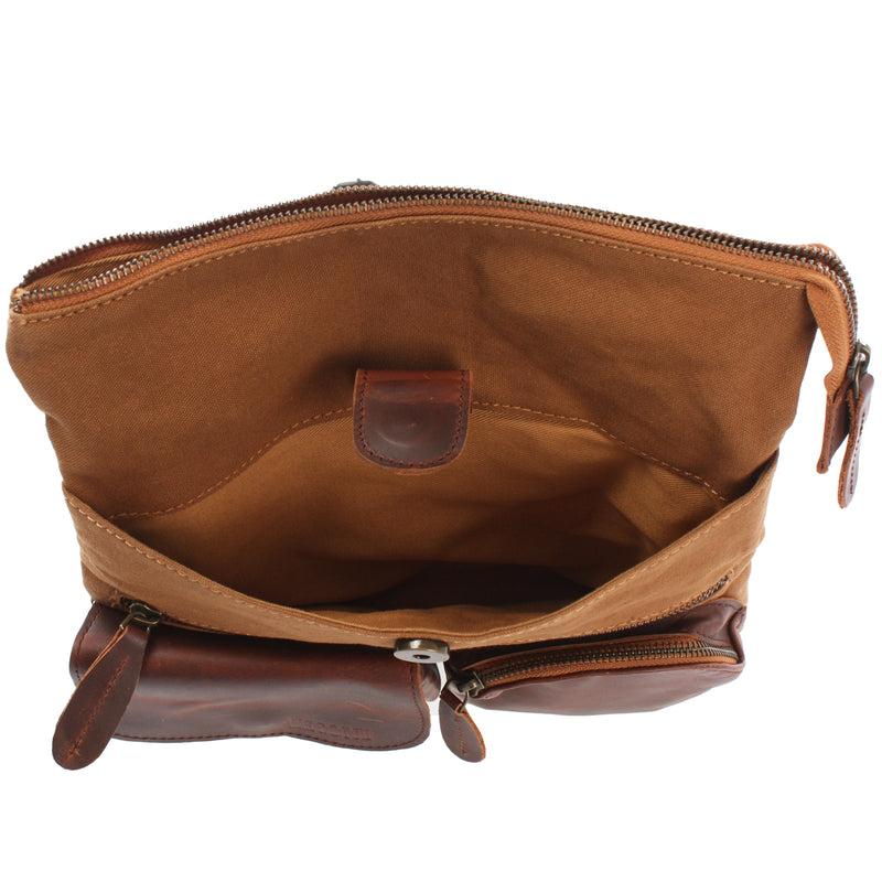 Leconi Umhängetasche Schultertasche Damen Herren Used Look Leder Canvas cognac LE3011 Neueste Mode