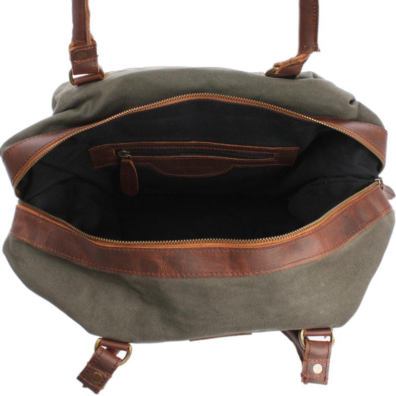 Leconi kleiner Weekender Shopper Damen Herren Leder Canvas grün LE2006 Neuheiten
