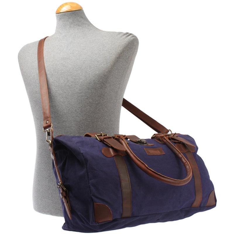 Leconi kleiner Weekender Handgepäck Damen Herren Leder Canvas navy LE2008 Letzte 3 Tage