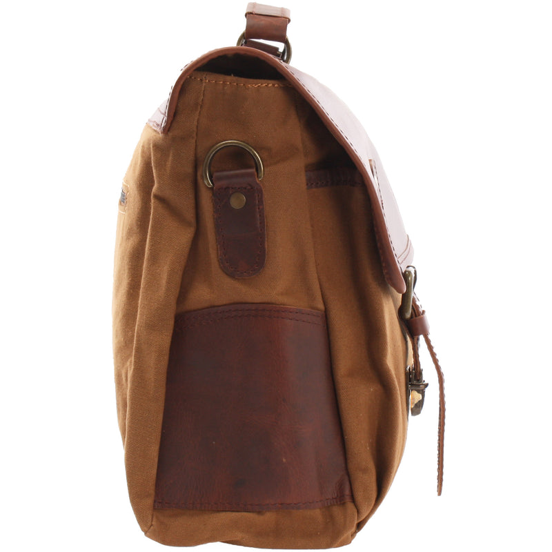 Leconi Messenger Bag Din A4 Kuriertasche Leder Canvas cognac LE3018 Letzter Tag