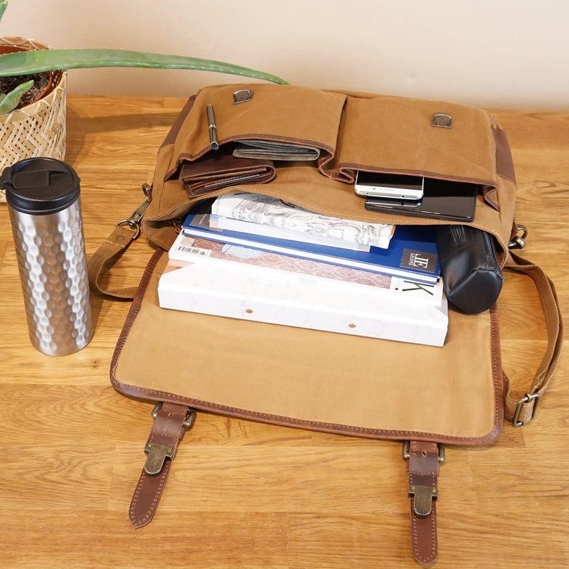 Leconi Messenger Bag Din A4 Kuriertasche Leder Canvas cognac LE3018 Letzter Tag