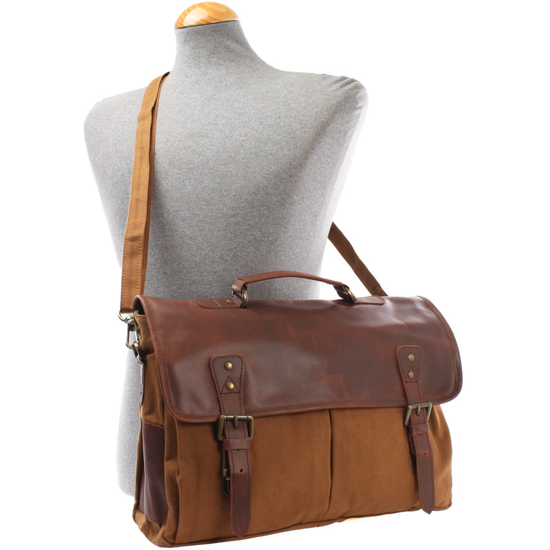 Leconi Messenger Bag Din A4 Kuriertasche Leder Canvas cognac LE3018 Letzter Tag