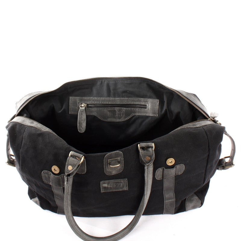 Leconi kleiner Weekender Handgepäck Damen Herren Leder Canvas schwarz LE2008 Sonderangebot der Fabrik