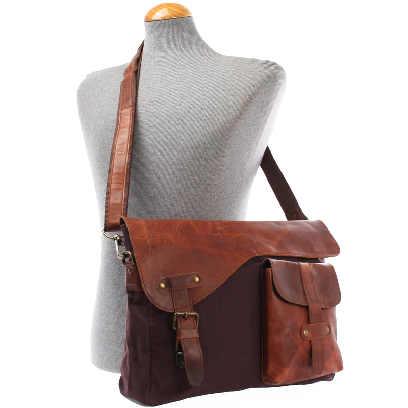 Leconi Umhängetasche Collegetasche DIN A4 Leder Canvas mokka LE3032 Bis zu 55% Rabatt