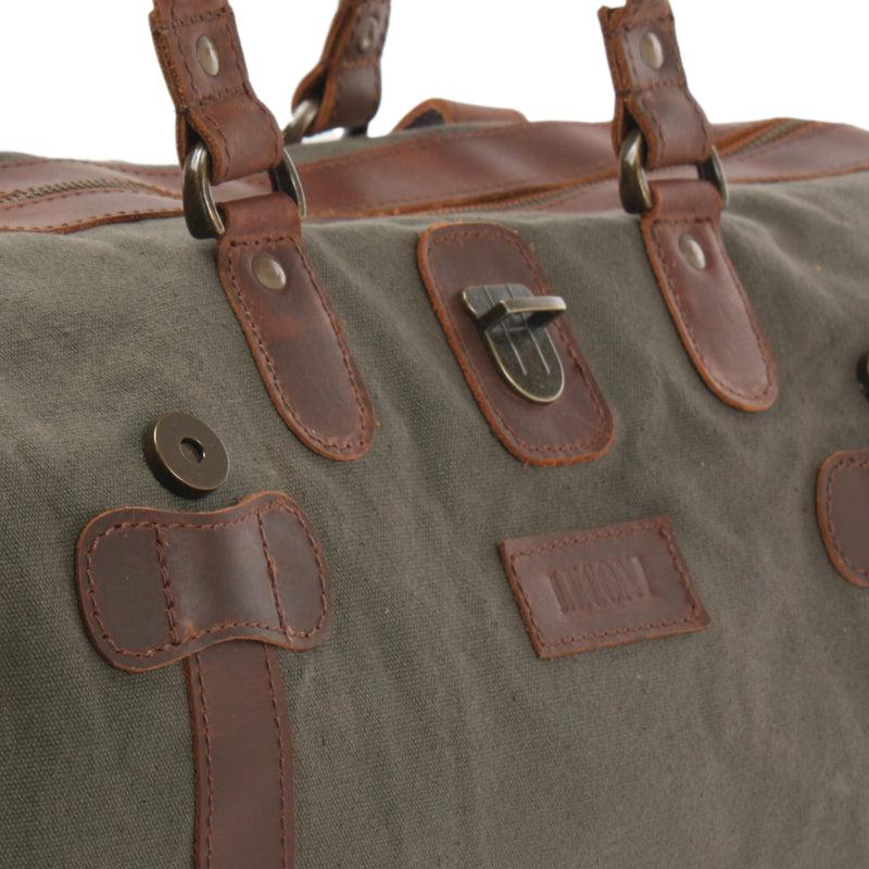 Leconi kleiner Weekender Handgepäck Damen Herren Leder Canvas grün LE2008 Super Rabatt