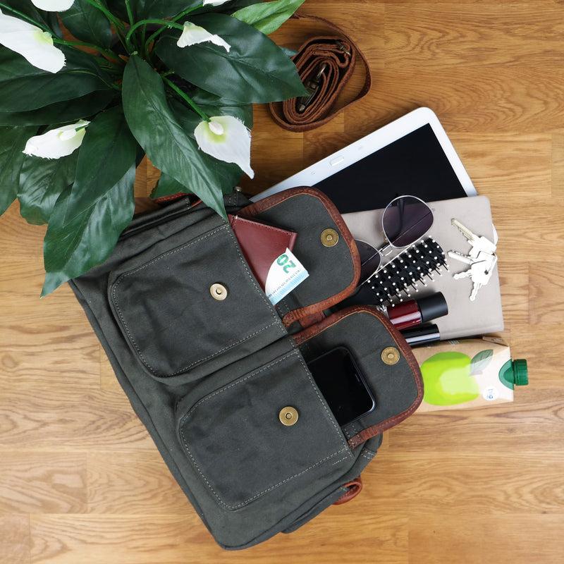 Leconi Henkeltasche Damentasche Canvas Leder grün LE0042 Im Verkauf