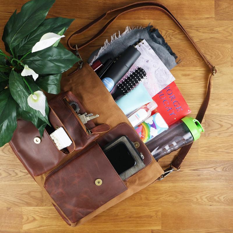 Leconi Schultertasche Umhängetasche Ledertasche Canvas Leder cognac LE0039 zollfrei