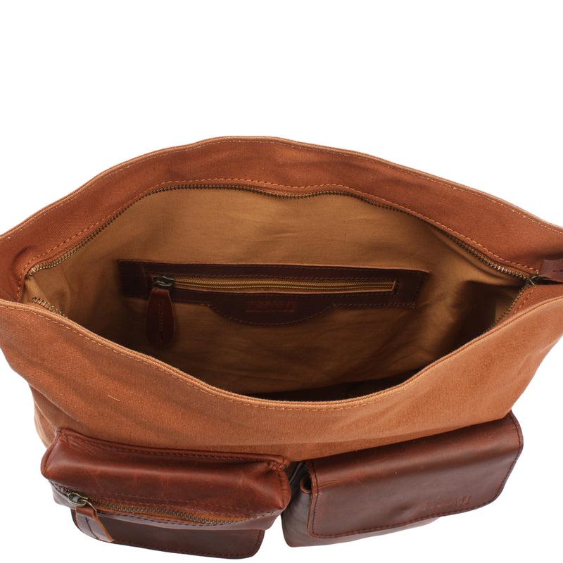 Leconi Schultertasche Umhängetasche Ledertasche Canvas Leder cognac LE0039 zollfrei