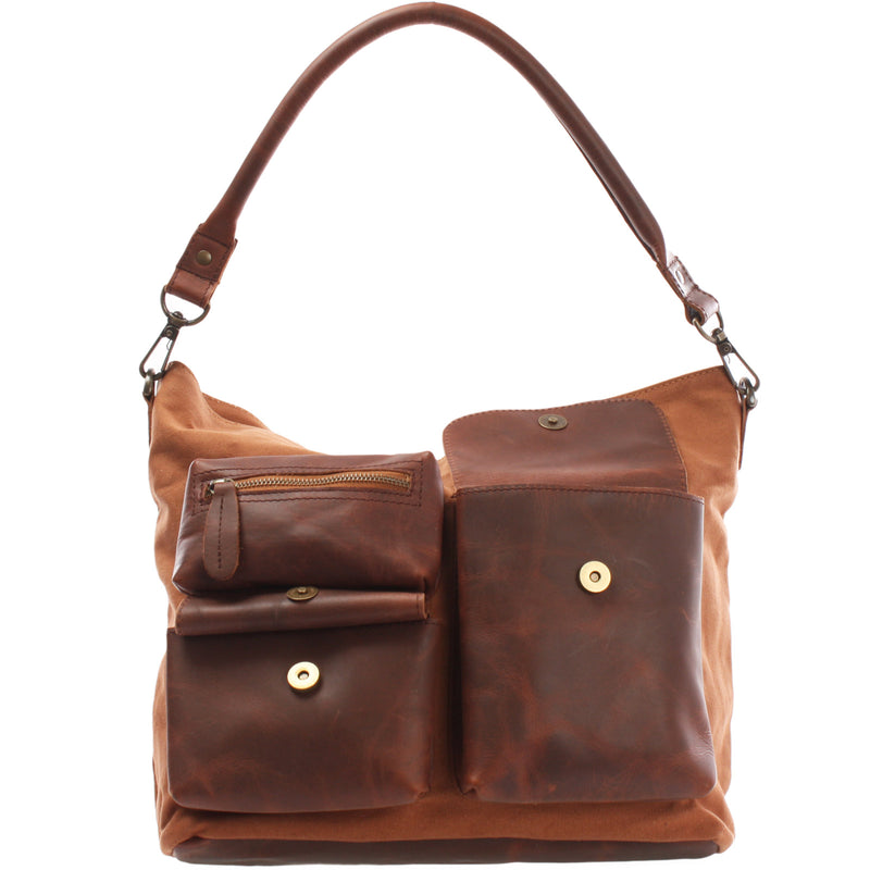 Leconi Schultertasche Umhängetasche Ledertasche Canvas Leder cognac LE0039 zollfrei