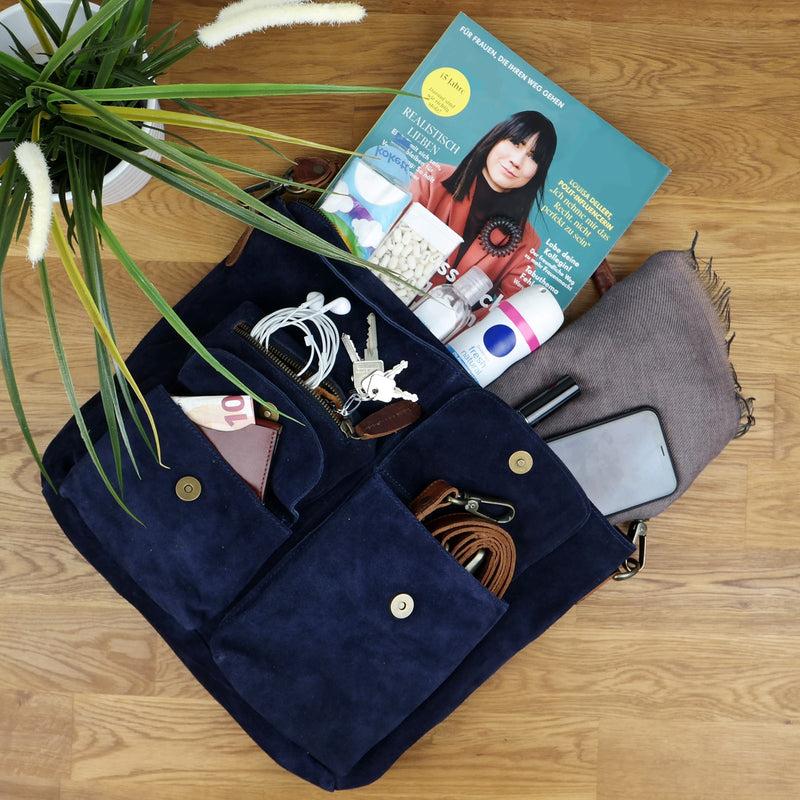 Leconi Schultertasche Umhängetasche Ledertasche Veloursleder navy LE0039 Auslauf