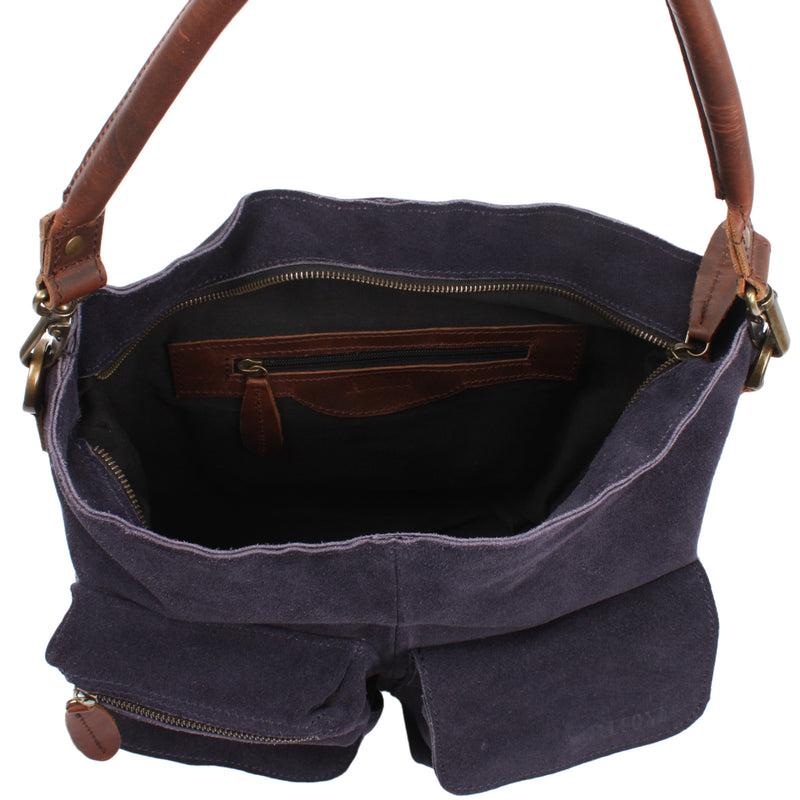 Leconi Schultertasche Umhängetasche Ledertasche Veloursleder navy LE0039 Auslauf