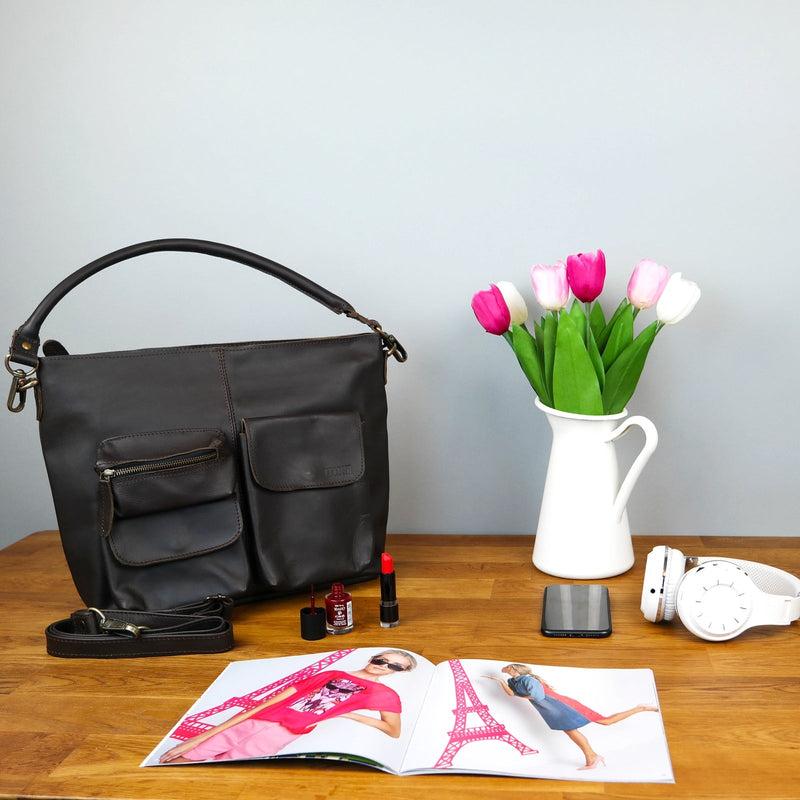 Leconi Schultertasche Umhängetasche Ledertasche Leder dunkelbraun LE0039 Angebote