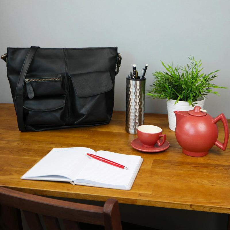 Leconi Schultertasche Umhängetasche Ledertasche Leder schwarz LE0039 Schlussverkauf