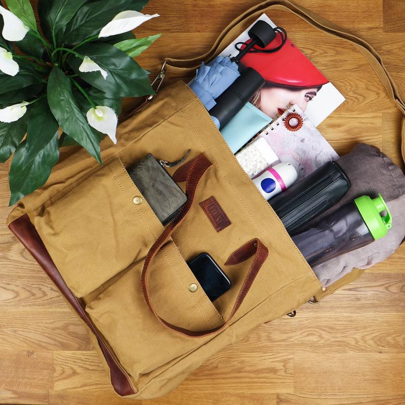Leconi Shopper Beuteltasche Damentasche Canvas Leder cognac LE0040 Günstiger Verkauf