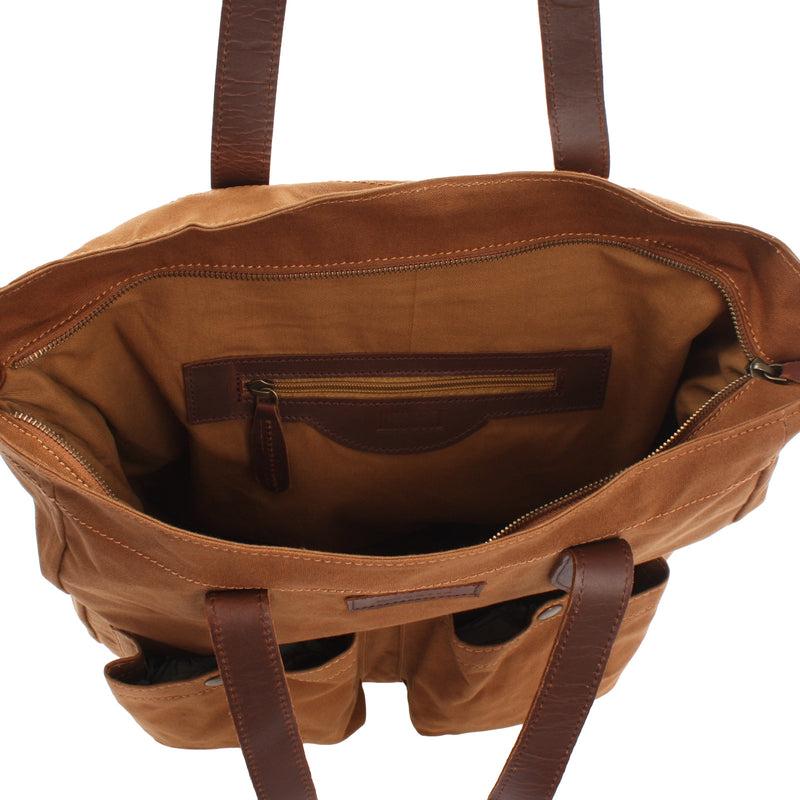 Leconi Shopper Beuteltasche Damentasche Canvas Leder cognac LE0040 Günstiger Verkauf