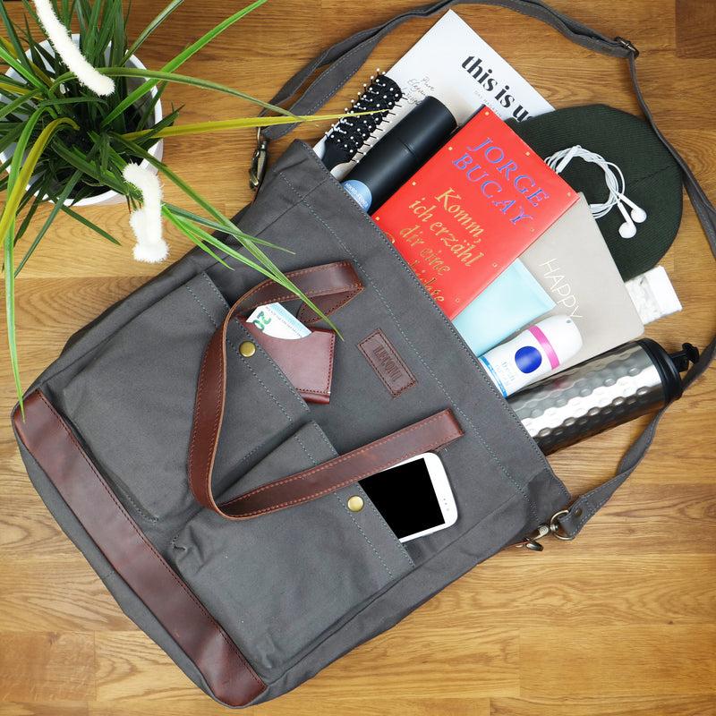 Leconi Shopper Beuteltasche Damentasche Canvas Leder grau LE0040 Fabrikverkauf