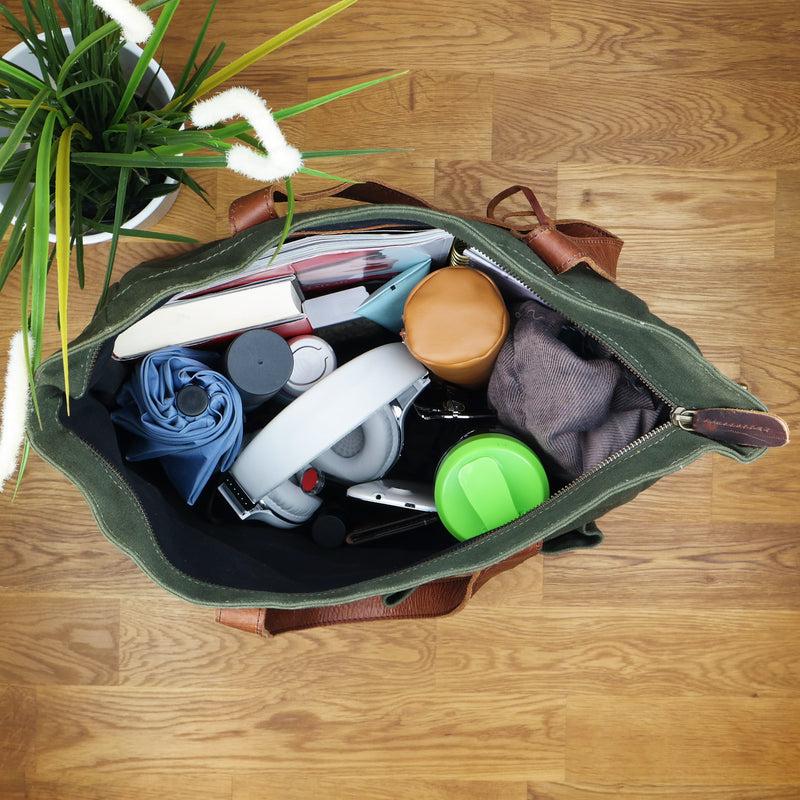 Leconi Shopper Beuteltasche Damentasche Canvas Leder grün LE0040 Meist gekauft