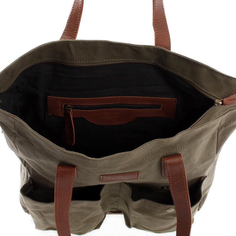 Leconi Shopper Beuteltasche Damentasche Canvas Leder grün LE0040 Meist gekauft