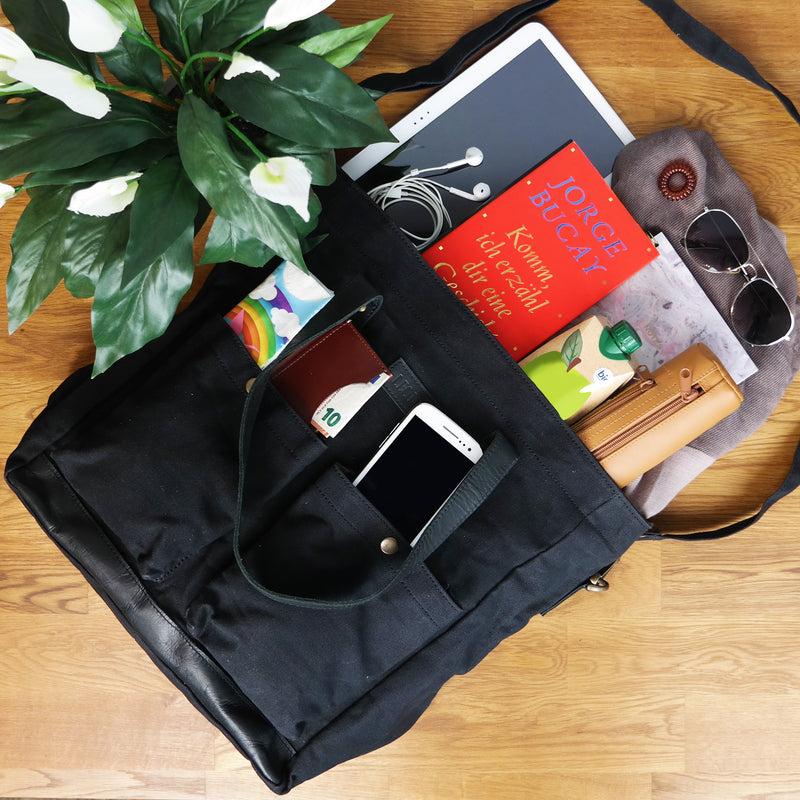 Leconi Shopper Beuteltasche Damentasche Canvas Leder schwarz LE0040 Blitzverkäufe