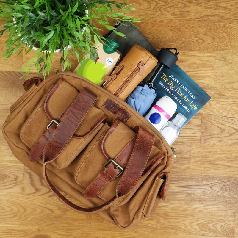 Leconi Henkeltasche Schultertasche Canvas Leder cognac LE0042 Kostenloser Versand