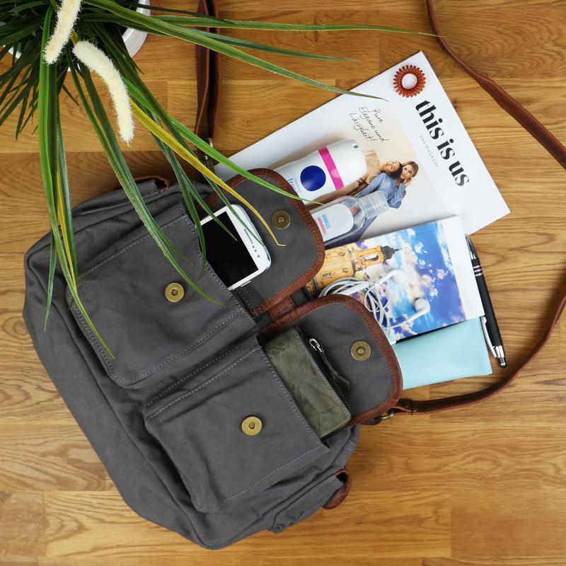 Leconi Schultertasche Damentasche Canvas Leder grau LE0042 Limitierter Zeitrabatt