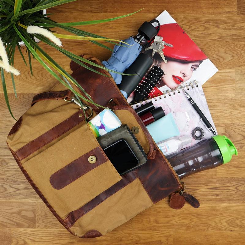 Leconi Henkeltasche Damentasche Canvas Leder cognac LE0043 Fabrik Onlineshop