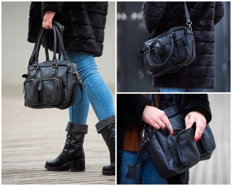 Leconi Schultertasche Handtasche Henkeltasche Damen Leder schwarz LE0046 Versandkostenfrei