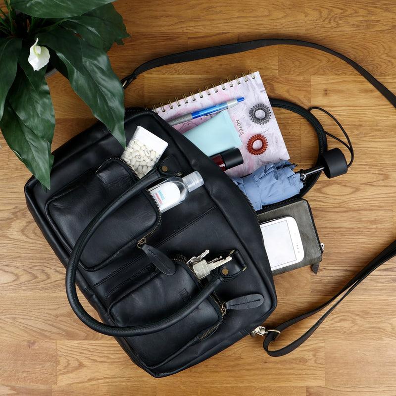 Leconi Schultertasche Handtasche Henkeltasche Damen Leder schwarz LE0046 Versandkostenfrei