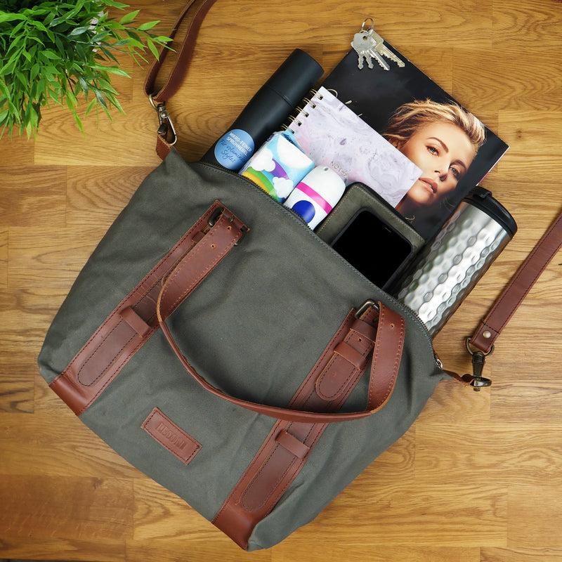 Leconi Schultertasche Henkeltasche Handtasche Leder Canvas grau LE0049 Großer Ausverkauf