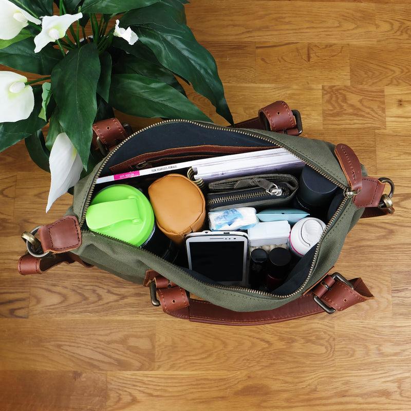 Leconi Schultertasche Henkeltasche Handtasche Leder Canvas grün LE0049 Flash Sale