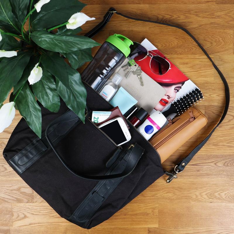 Leconi Schultertasche Henkeltasche Handtasche Leder Canvas schwarz LE0049 Begrenztes Angebot