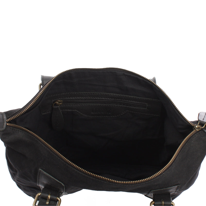 Leconi Schultertasche Henkeltasche Handtasche Leder Canvas schwarz LE0049 Begrenztes Angebot