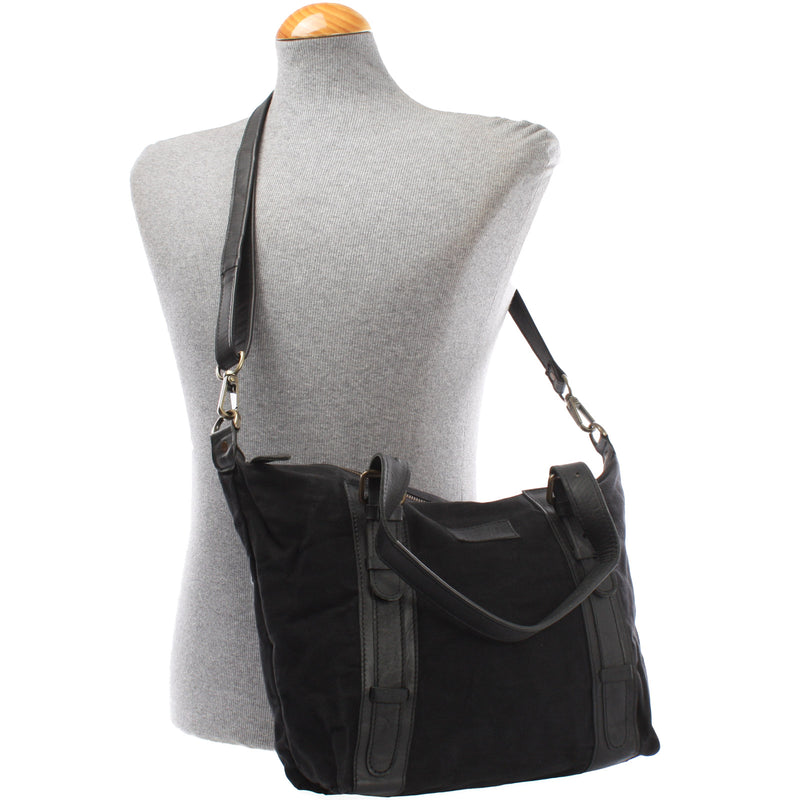 Leconi Schultertasche Henkeltasche Handtasche Leder Canvas schwarz LE0049 Begrenztes Angebot