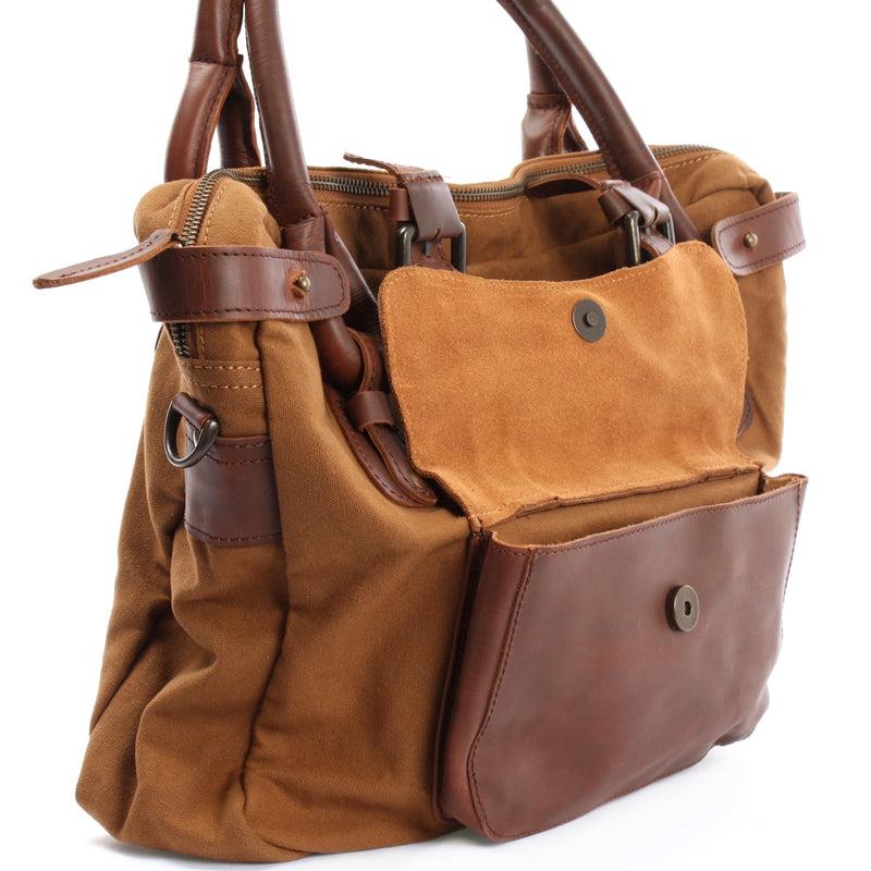 Leconi Schultertasche Henkeltasche Damentasche Handtasche Leder Canvas cognac LE0050 Online Shopping