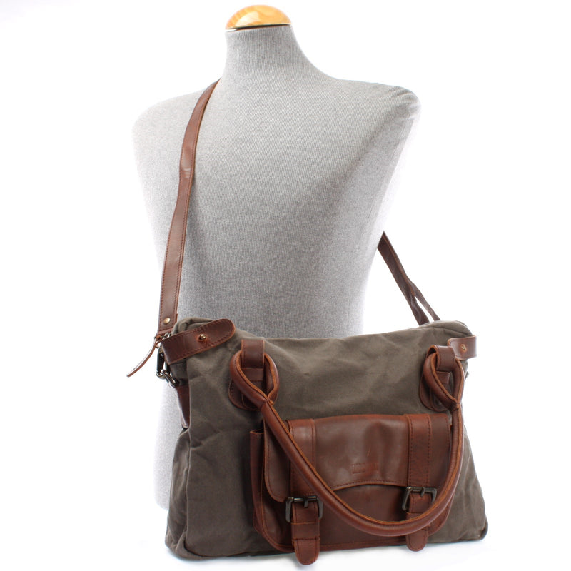 Leconi Schultertasche Henkeltasche Damentasche Handtasche Leder Canvas grau LE0050 Exklusivangebot