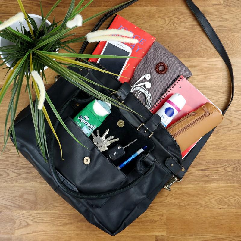 Leconi Schultertasche Henkeltasche Damentasche Handtasche Leder schwarz LE0050 Cyber Monday