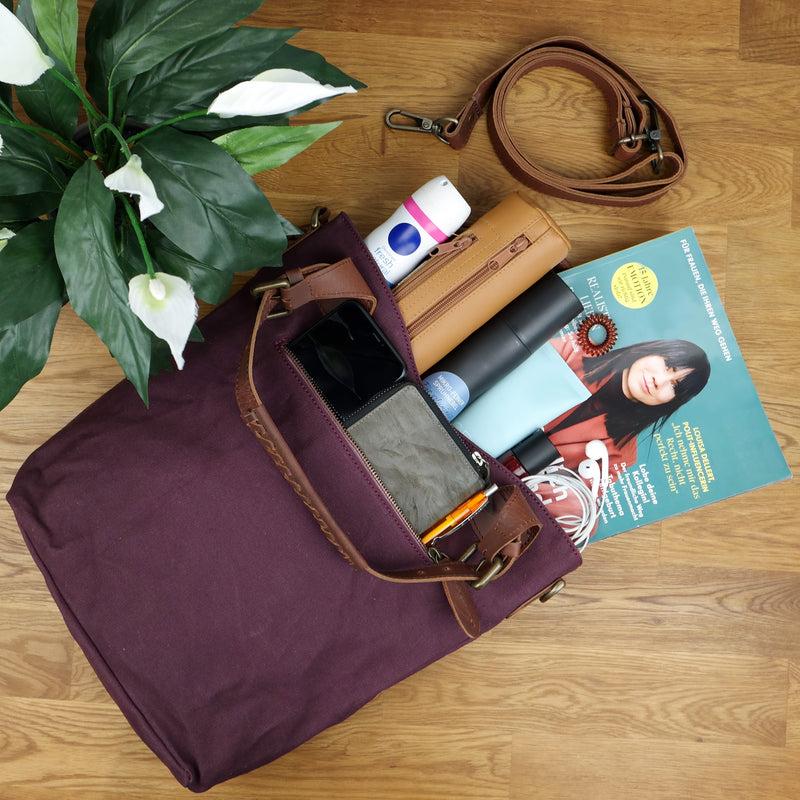 Leconi Schultertasche Umhängetasche Henkeltasche Shopper Damentasche Canvas Leder bordeaux LE0054 Weihnachtsangebot