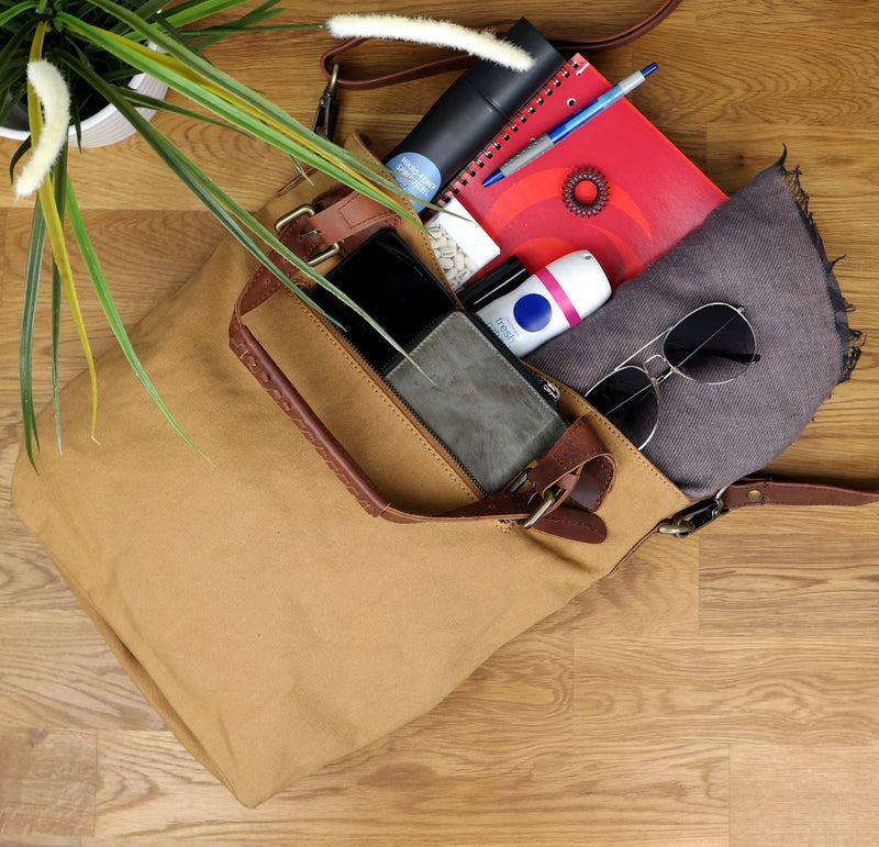 Leconi Schultertasche Umhängetasche Henkeltasche Shopper Damentasche Canvas Leder cognac LE0054 Osterangebot