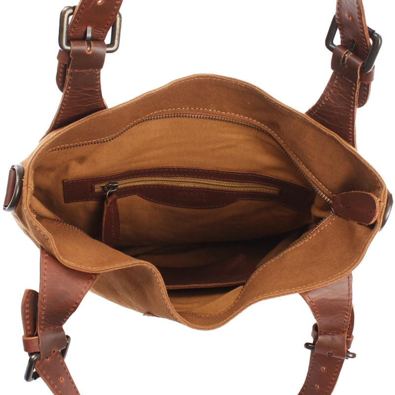 Leconi Schultertasche Umhängetasche Henkeltasche Shopper Damentasche Canvas Leder cognac LE0054 Osterangebot