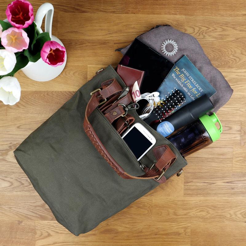 Leconi Schultertasche Umhängetasche Henkeltasche Shopper Damentasche Canvas Leder grün LE0054 Vatertagsangebot