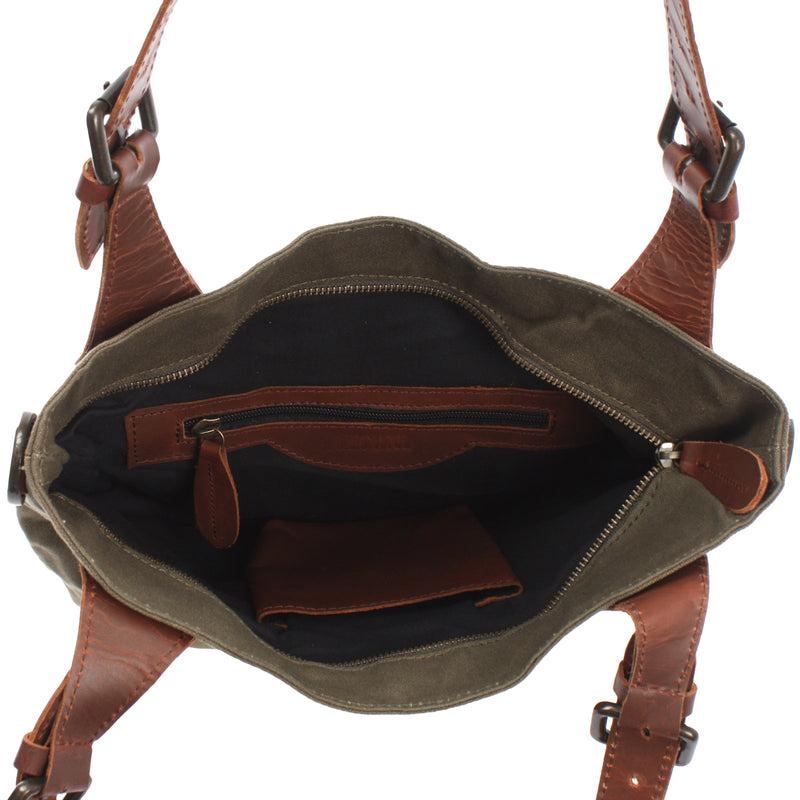 Leconi Schultertasche Umhängetasche Henkeltasche Shopper Damentasche Canvas Leder grün LE0054 Vatertagsangebot